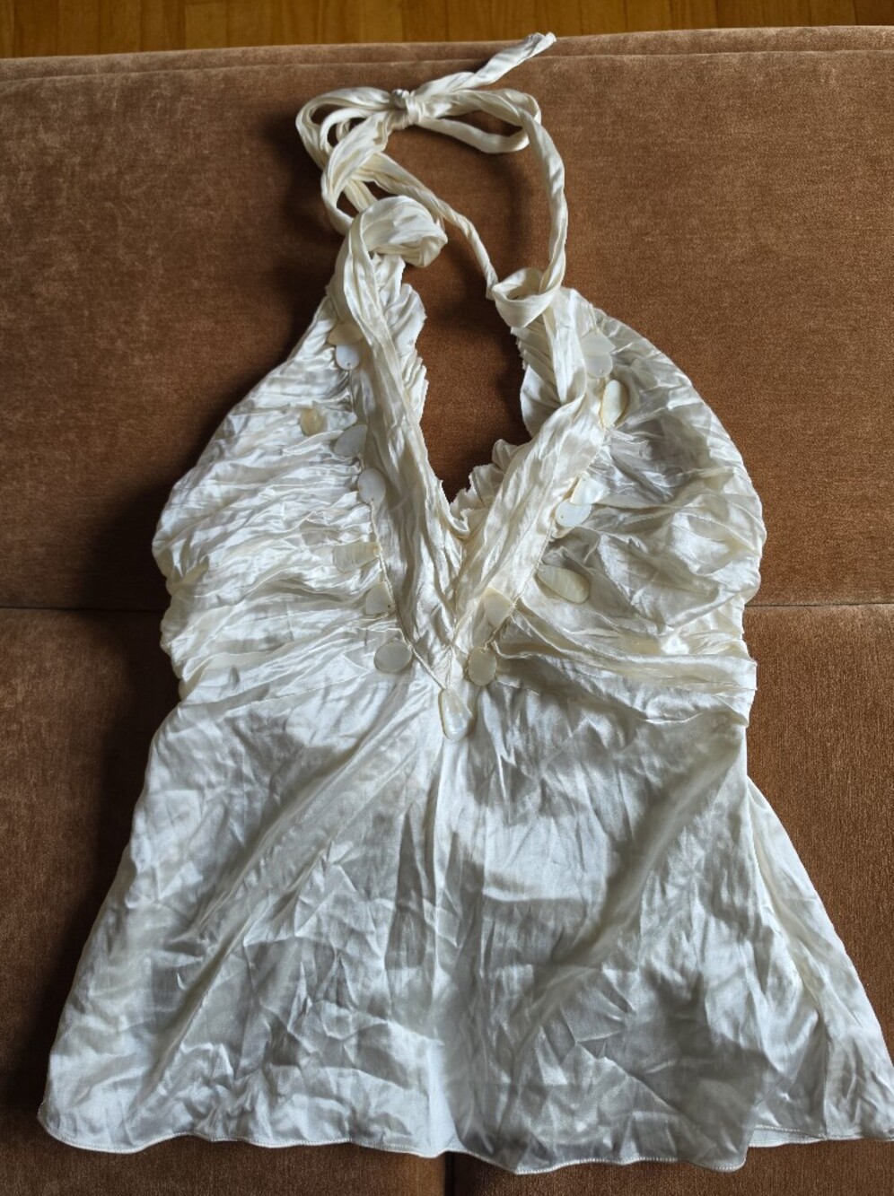 JLo By Jennifer Lopez Shell Embelished Silk Cotton Blend Halter Top Ivory Sz XL